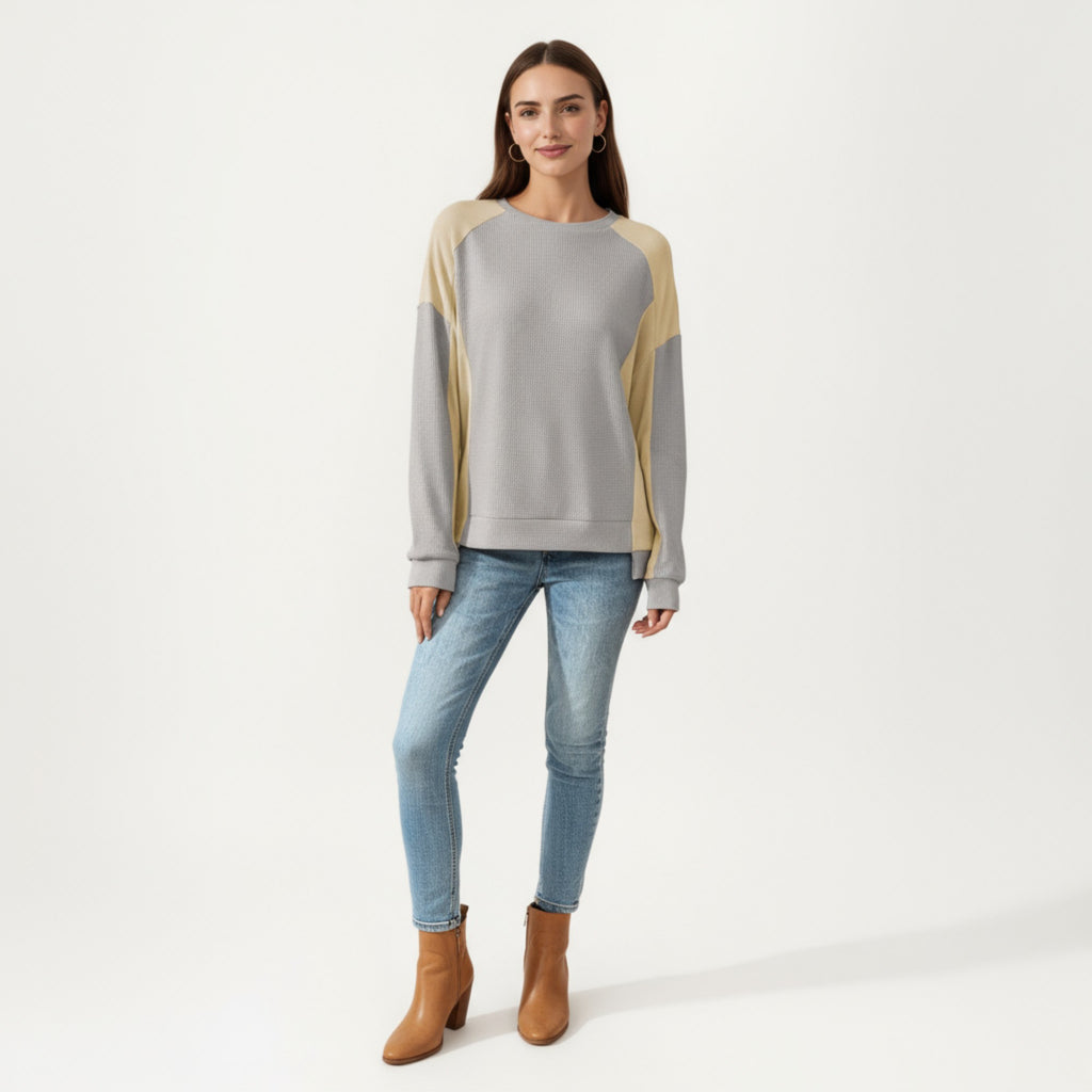 Anna-Kaci Women's Long Sleeve Colorblock Pullover Top with Crew Neck and Relaxed Fit