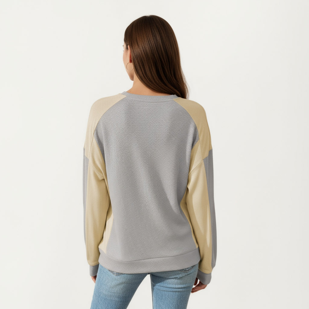 Anna-Kaci Women's Long Sleeve Colorblock Pullover Top with Crew Neck and Relaxed Fit