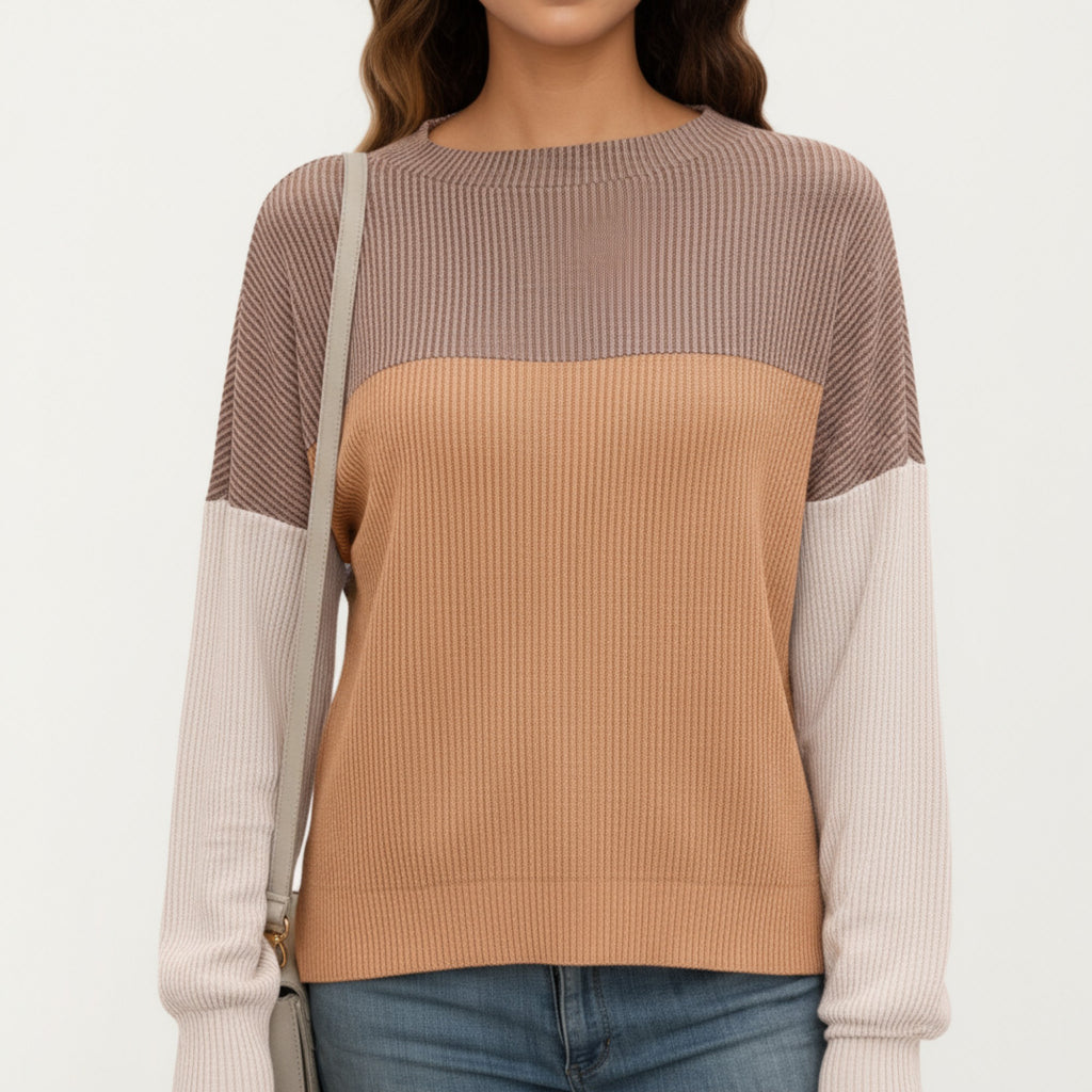 Anna-Kaci Women's Long Sleeve Colorblock Pullover Top with Crew Neck and Relaxed Fit