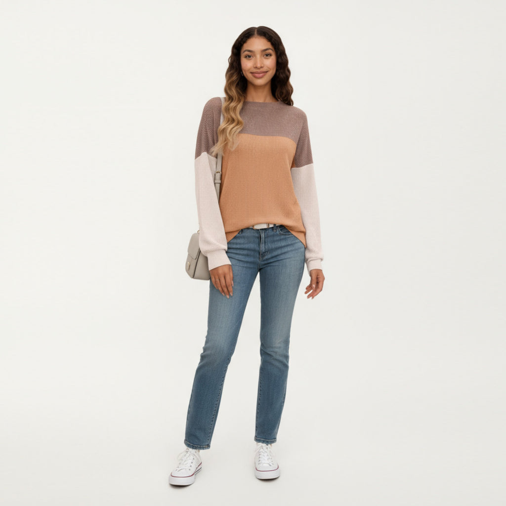 Anna-Kaci Women's Long Sleeve Colorblock Pullover Top with Crew Neck and Relaxed Fit