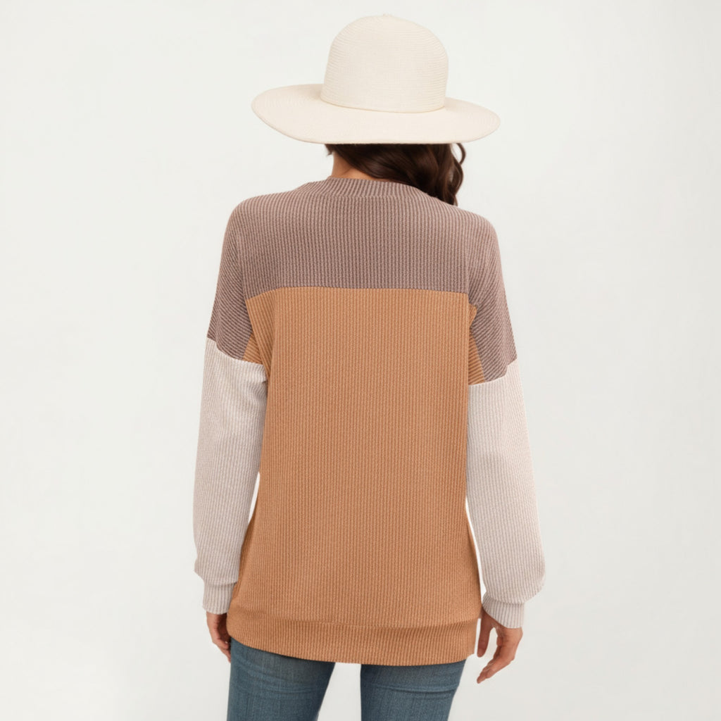 Anna-Kaci Women's Long Sleeve Colorblock Pullover Top with Crew Neck and Relaxed Fit