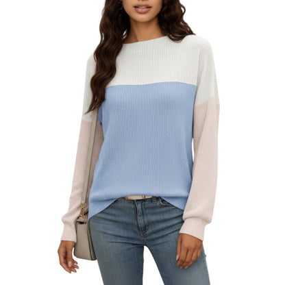 Anna-Kaci Women's Long Sleeve Colorblock Pullover Top with Crew Neck and Relaxed Fit