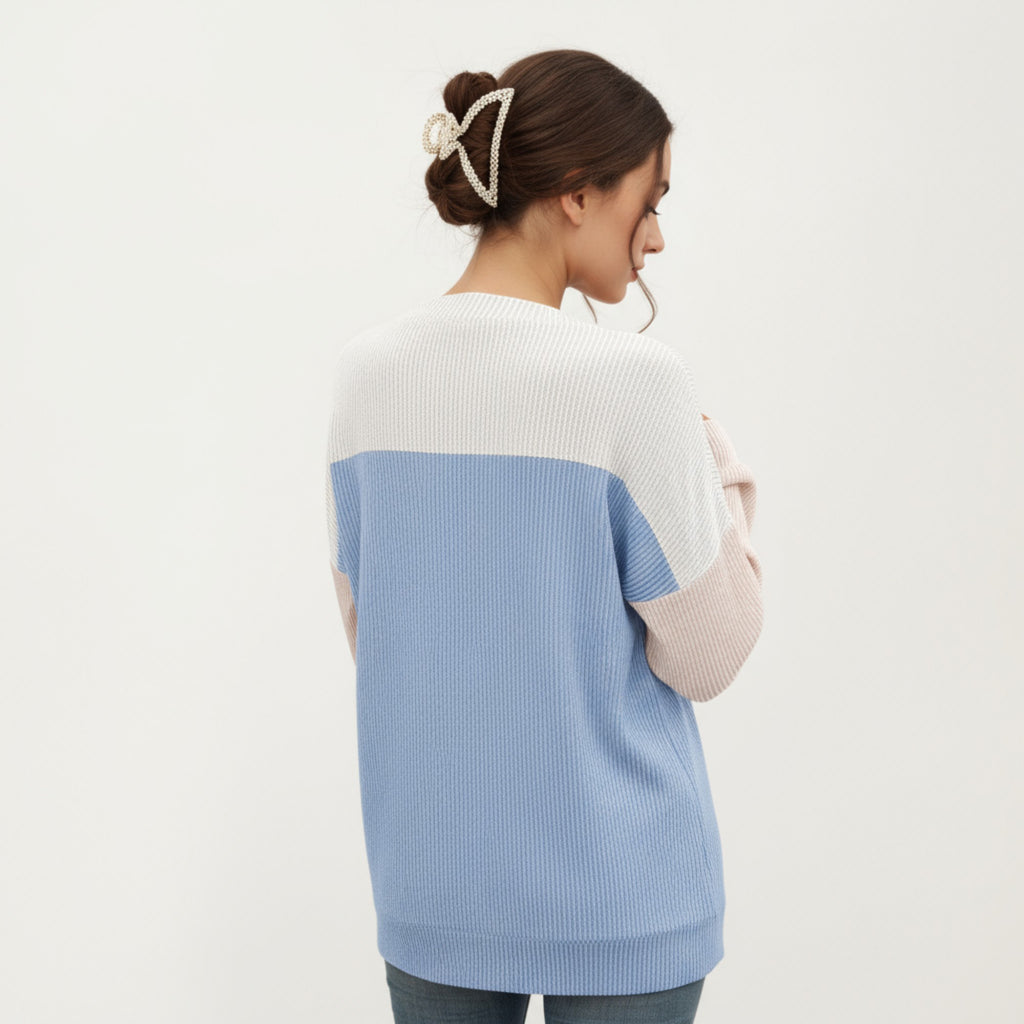 Anna-Kaci Women's Long Sleeve Colorblock Pullover Top with Crew Neck and Relaxed Fit