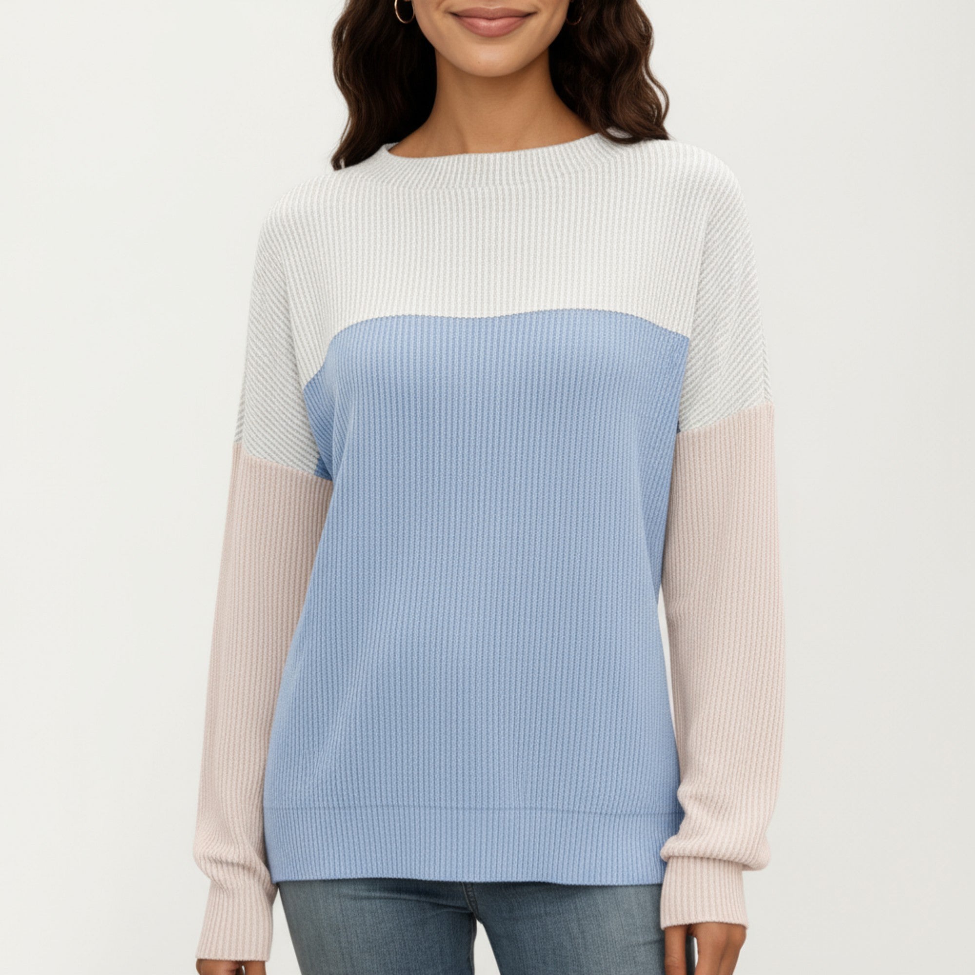 Anna-Kaci Women's Long Sleeve Colorblock Pullover Top with Crew Neck and Relaxed Fit