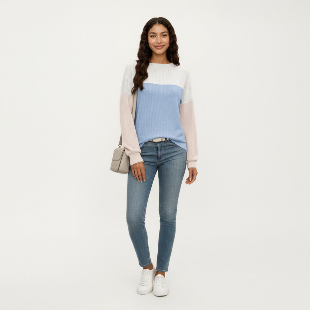 Anna-Kaci Women's Long Sleeve Colorblock Pullover Top with Crew Neck and Relaxed Fit
