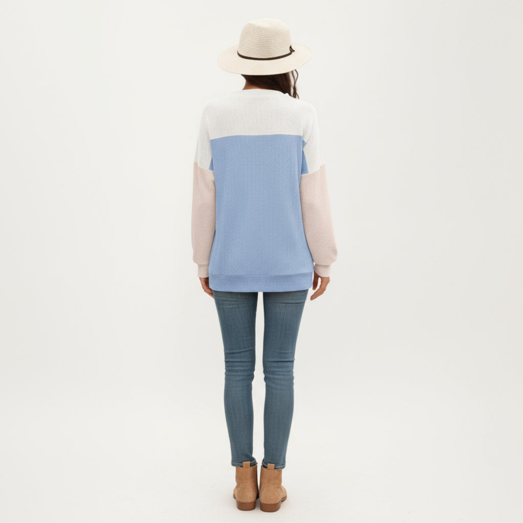 Anna-Kaci Women's Long Sleeve Colorblock Pullover Top with Crew Neck and Relaxed Fit