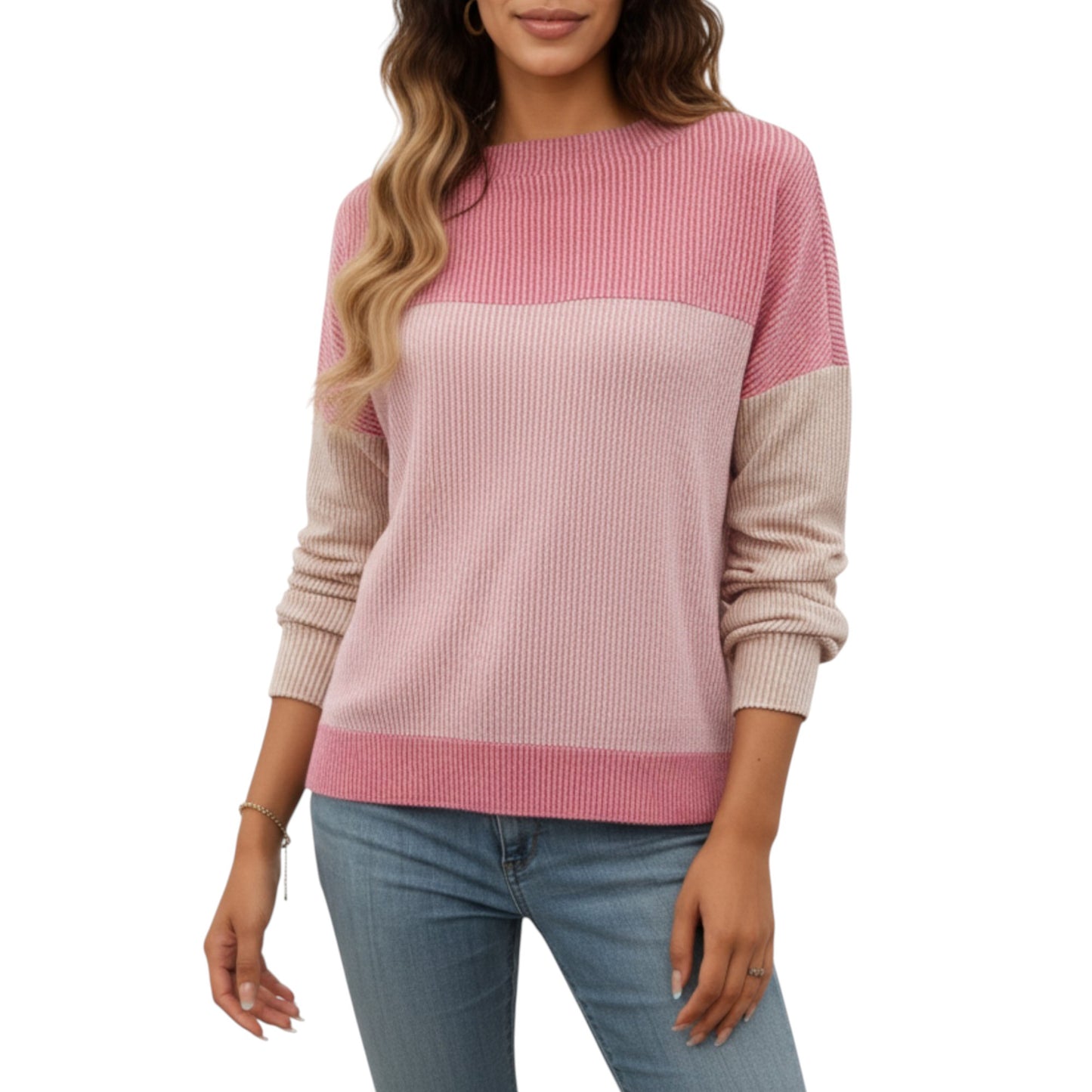 Anna-Kaci Women's Long Sleeve Colorblock Pullover Top with Crew Neck and Relaxed Fit