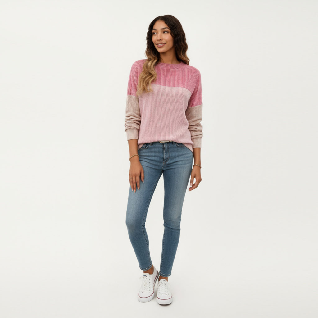 Anna-Kaci Women's Long Sleeve Colorblock Pullover Top with Crew Neck and Relaxed Fit