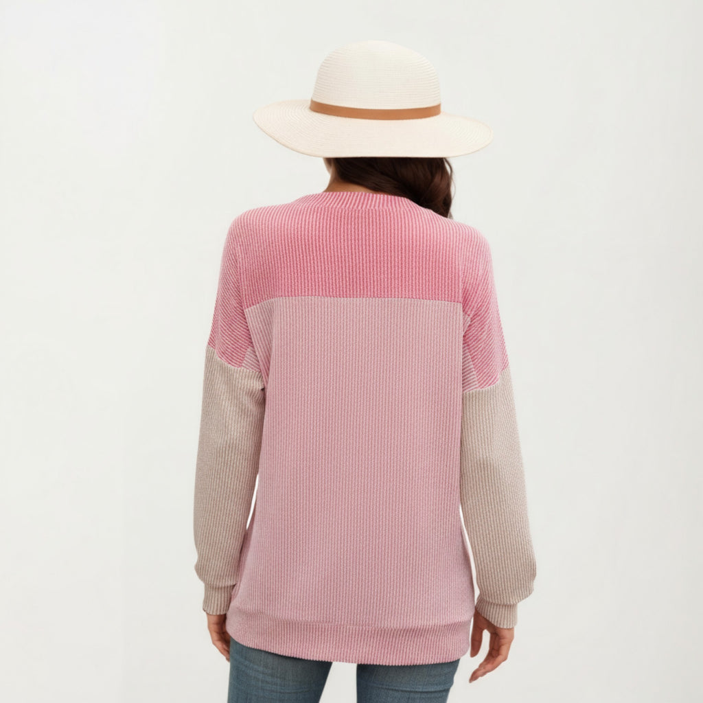 Anna-Kaci Women's Long Sleeve Colorblock Pullover Top with Crew Neck and Relaxed Fit