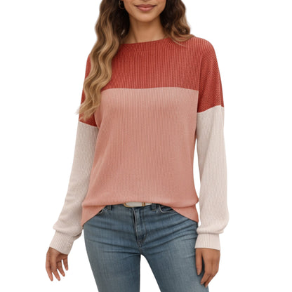 Anna-Kaci Women's Long Sleeve Colorblock Pullover Top with Crew Neck and Relaxed Fit