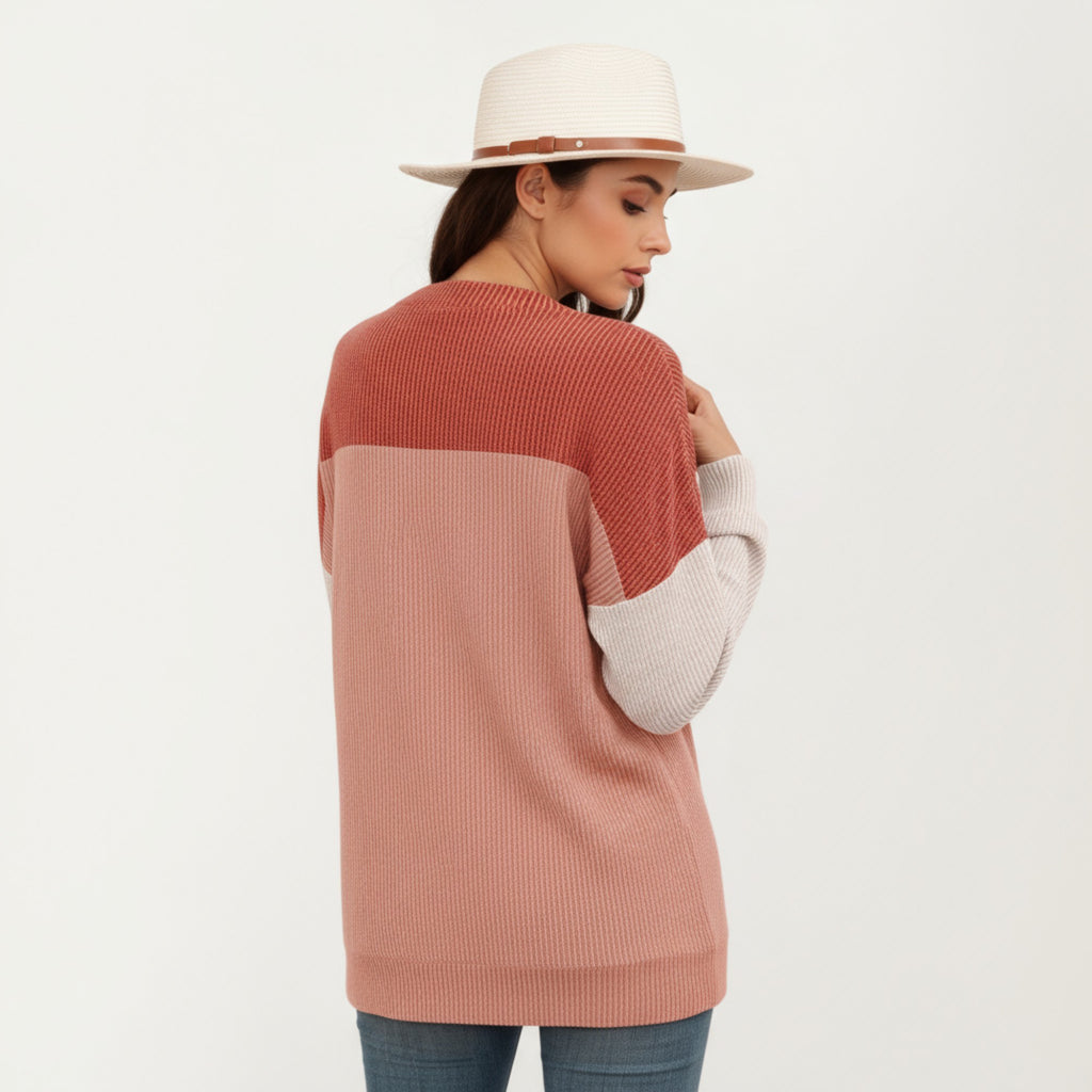 Anna-Kaci Women's Long Sleeve Colorblock Pullover Top with Crew Neck and Relaxed Fit