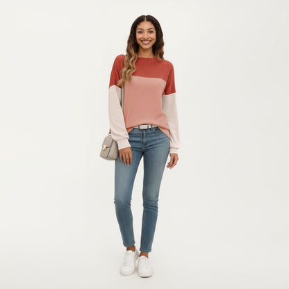 Anna-Kaci Women's Long Sleeve Colorblock Pullover Top with Crew Neck and Relaxed Fit