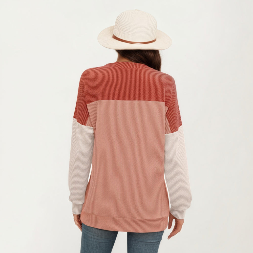 Anna-Kaci Women's Long Sleeve Colorblock Pullover Top with Crew Neck and Relaxed Fit