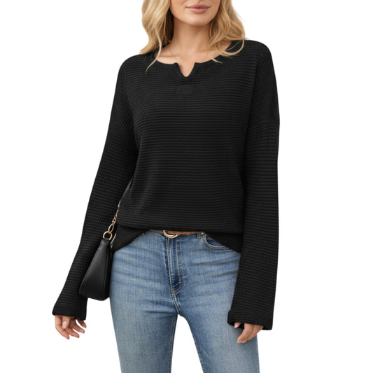 Anna-Kaci Women's Long Sleeve Textured Knit Pullover Top with Split Neck and Relaxed Fit