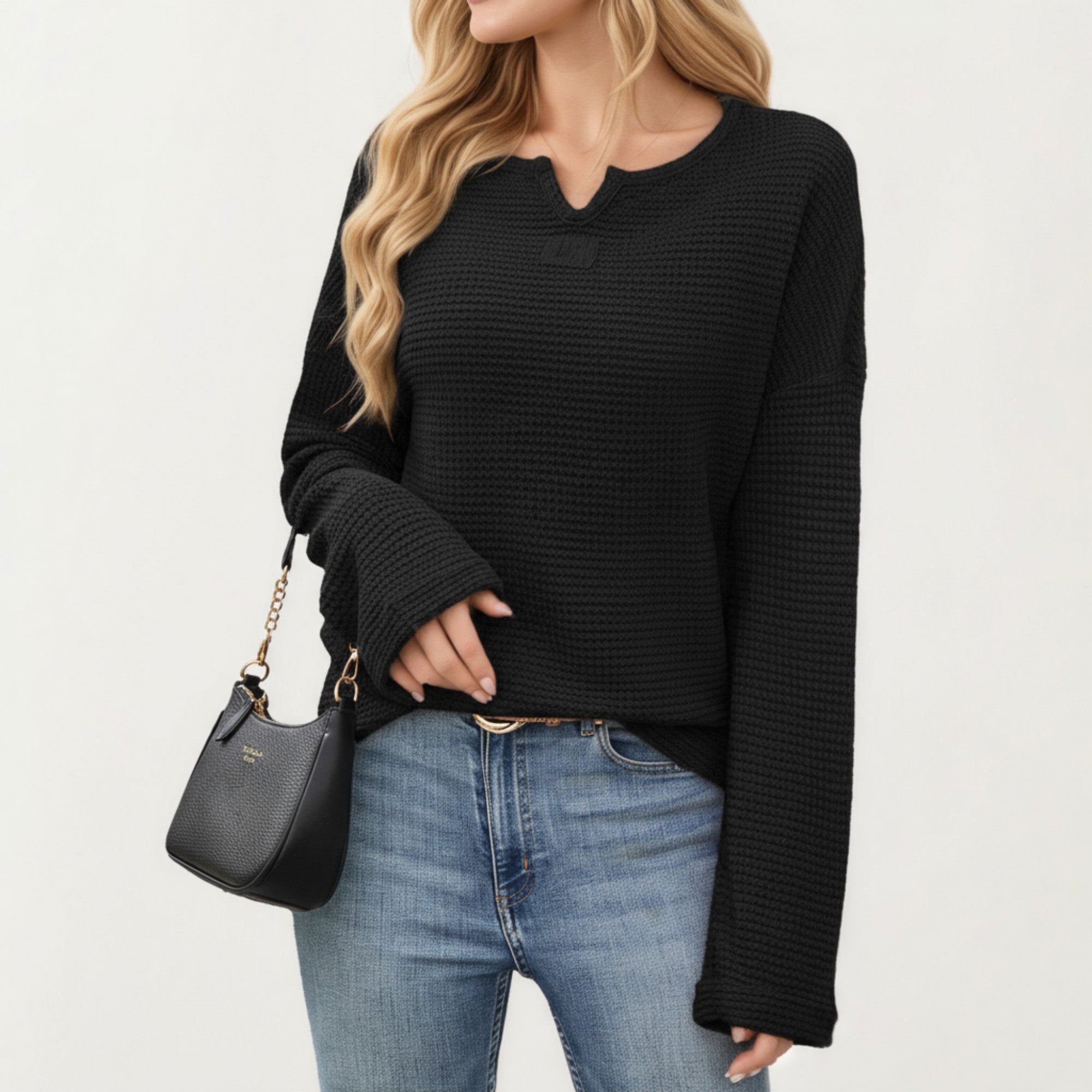 Anna-Kaci Women's Long Sleeve Textured Knit Pullover Top with Split Neck and Relaxed Fit