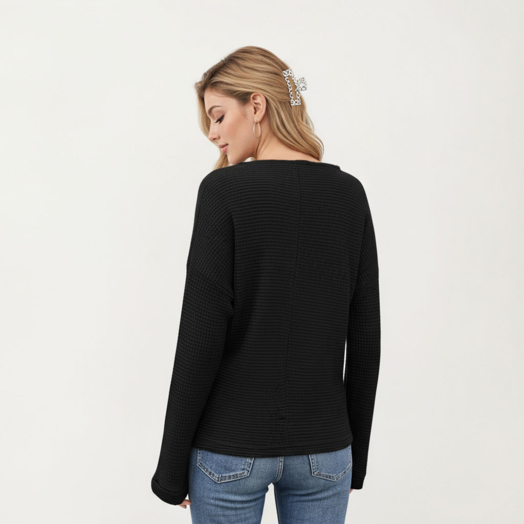 Anna-Kaci Women's Long Sleeve Textured Knit Pullover Top with Split Neck and Relaxed Fit