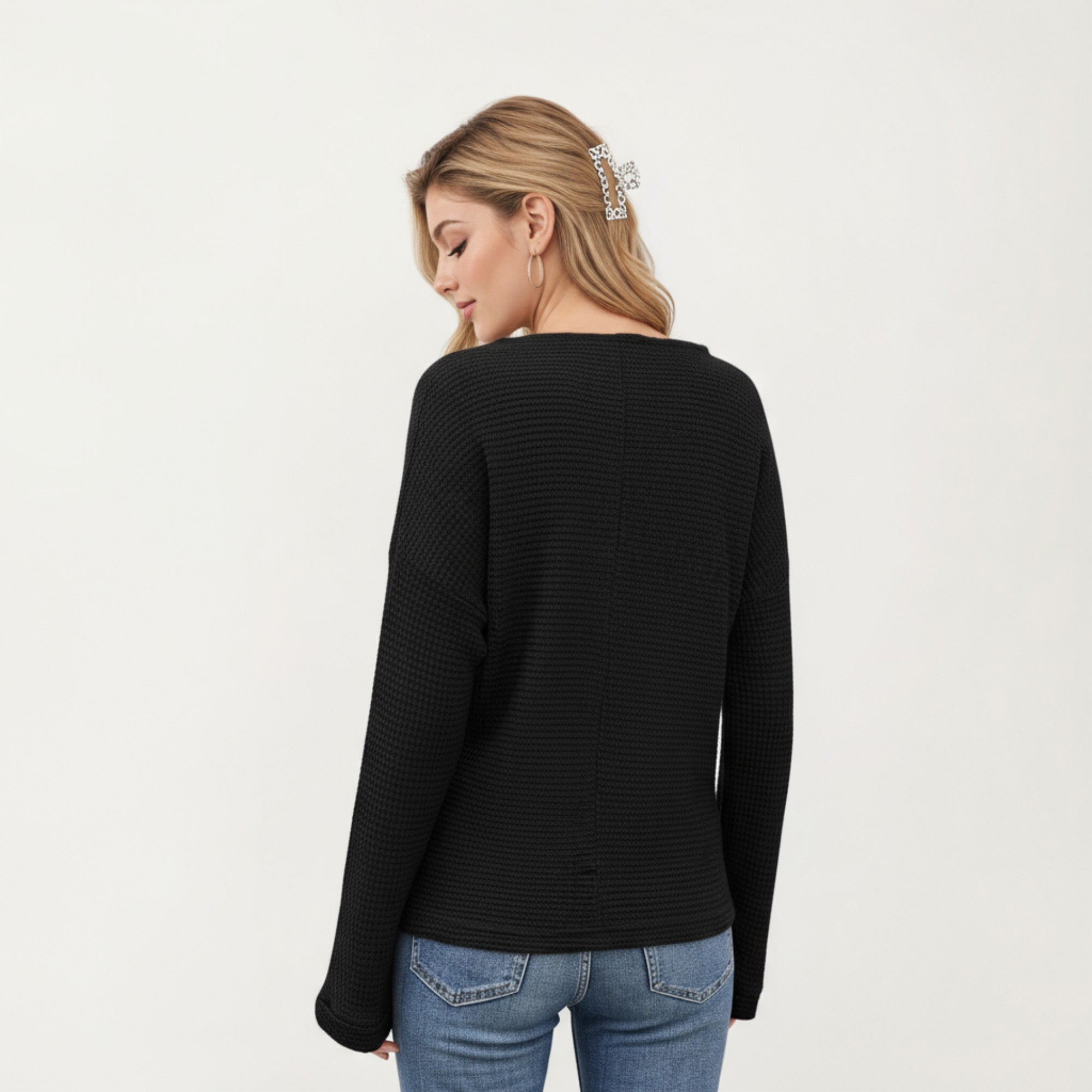 Anna-Kaci Women's Long Sleeve Textured Knit Pullover Top with Split Neck and Relaxed Fit