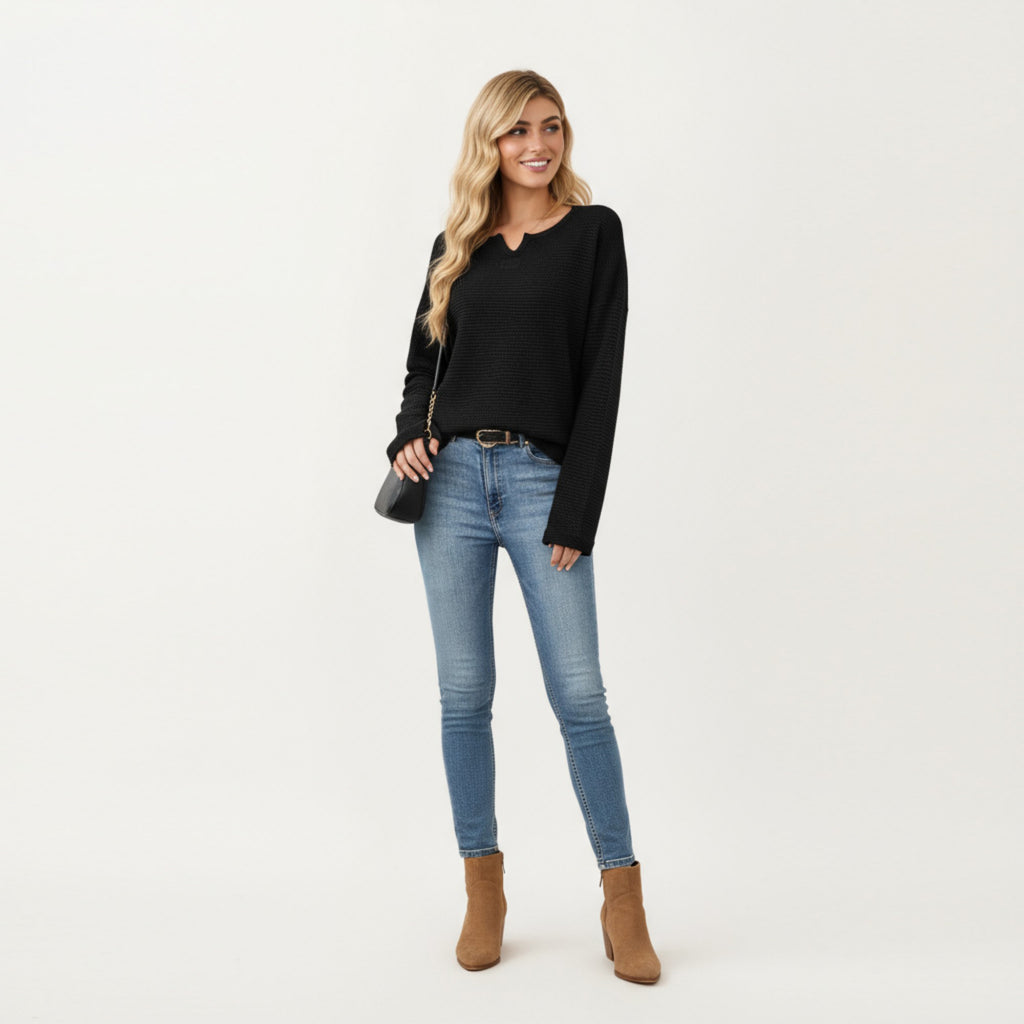 Anna-Kaci Women's Long Sleeve Textured Knit Pullover Top with Split Neck and Relaxed Fit