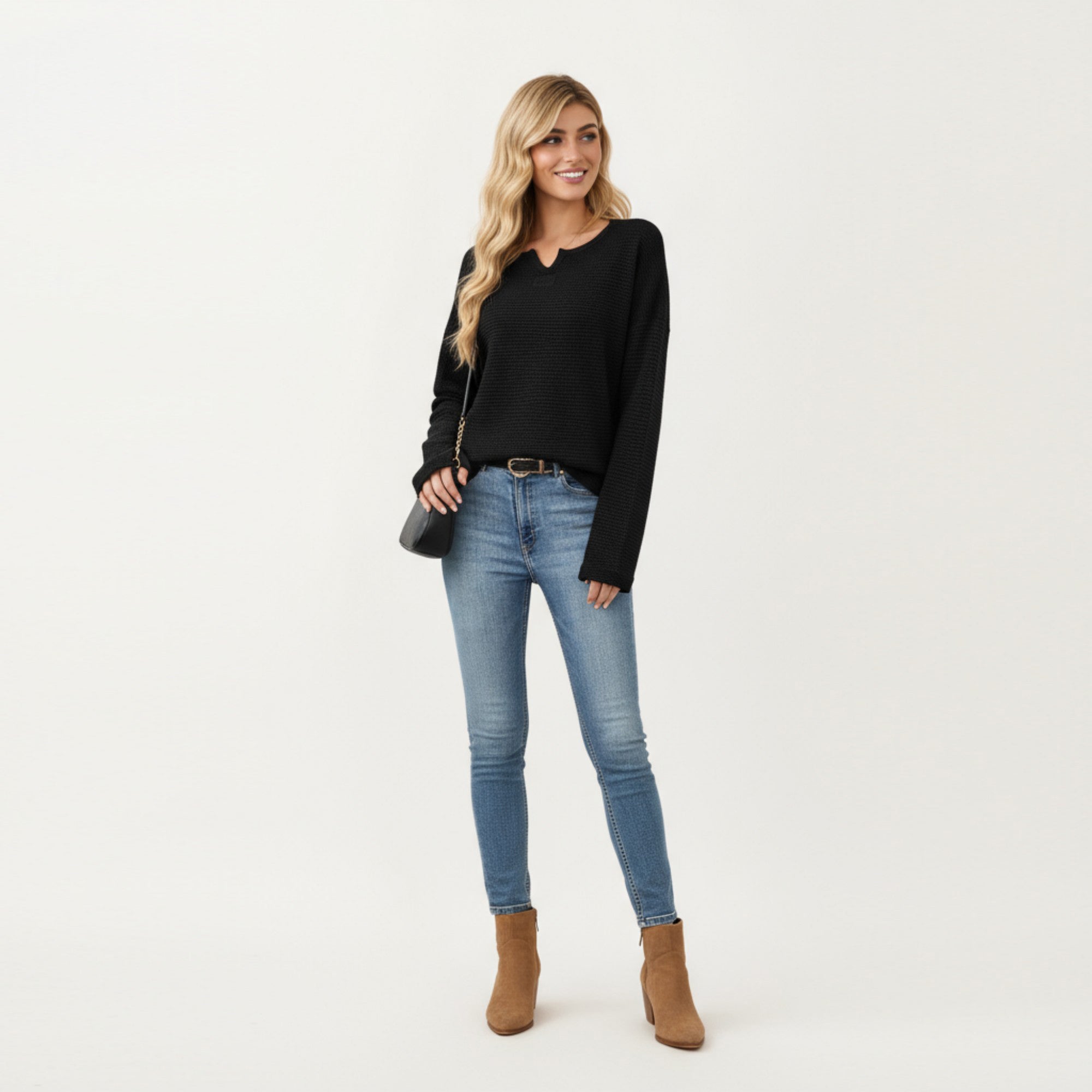 Anna-Kaci Women's Long Sleeve Textured Knit Pullover Top with Split Neck and Relaxed Fit