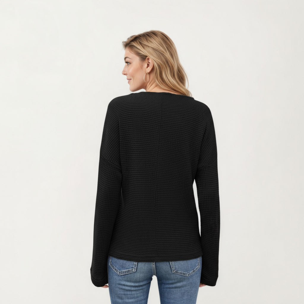 Anna-Kaci Women's Long Sleeve Textured Knit Pullover Top with Split Neck and Relaxed Fit