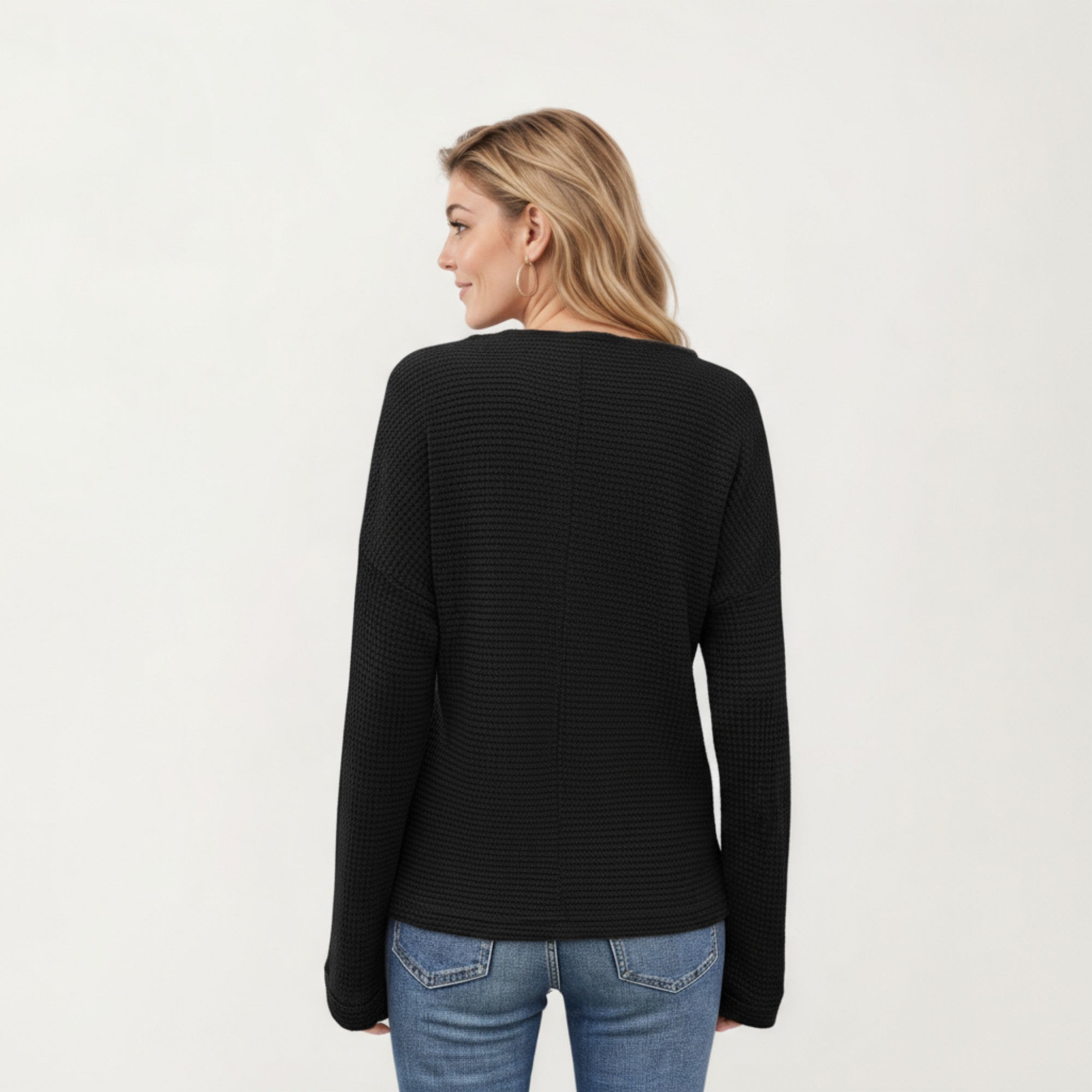 Anna-Kaci Women's Long Sleeve Textured Knit Pullover Top with Split Neck and Relaxed Fit
