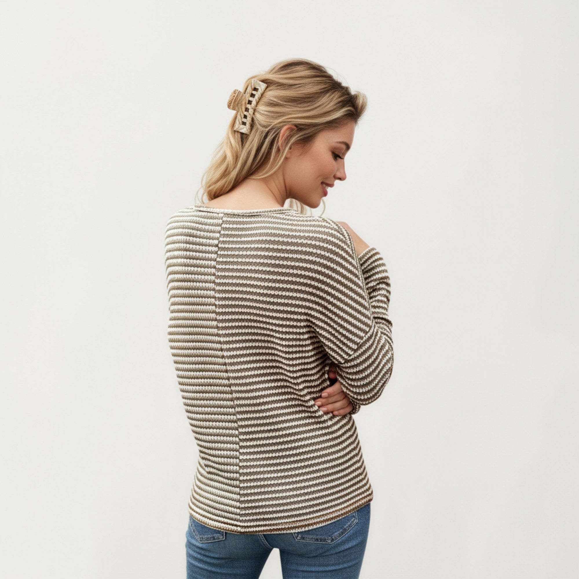 Anna-Kaci Women's Long Sleeve Textured Knit Pullover Top with Split Neck and Relaxed Fit