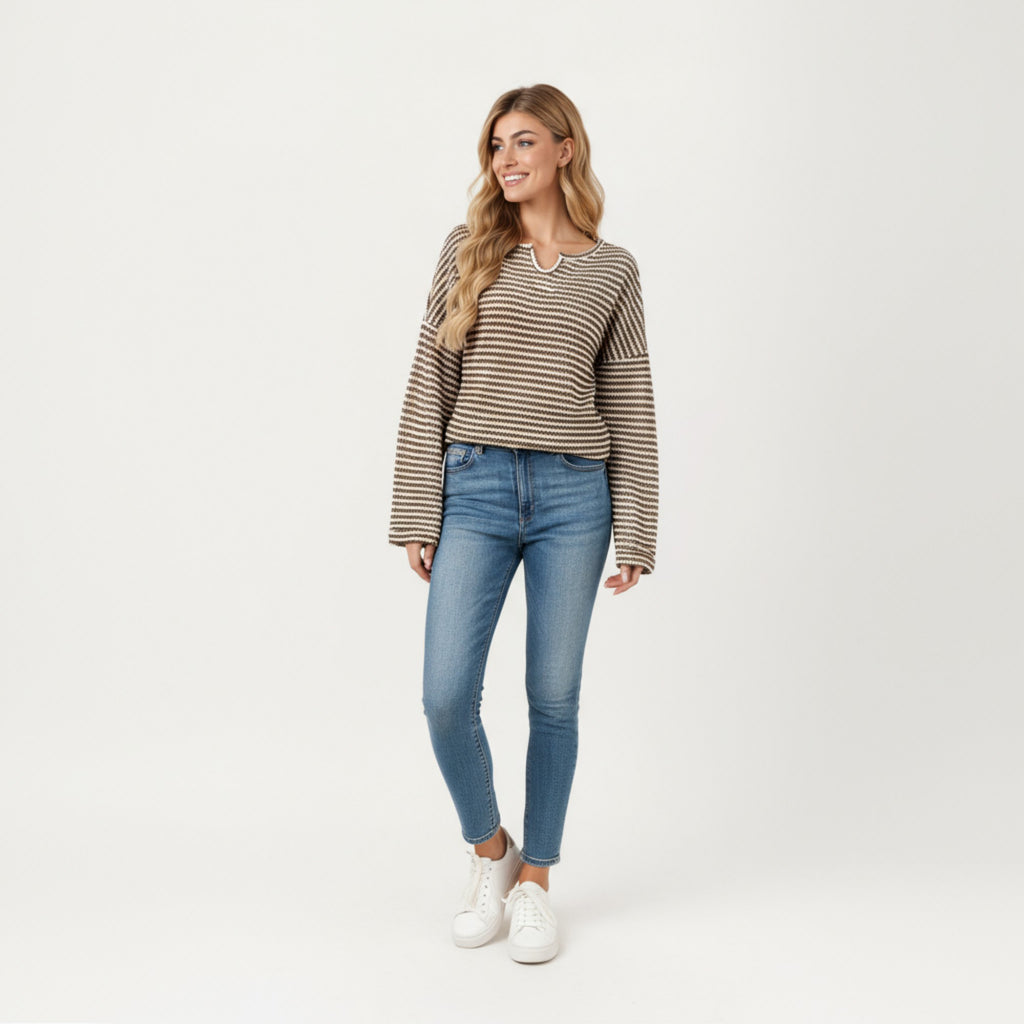 Anna-Kaci Women's Long Sleeve Textured Knit Pullover Top with Split Neck and Relaxed Fit