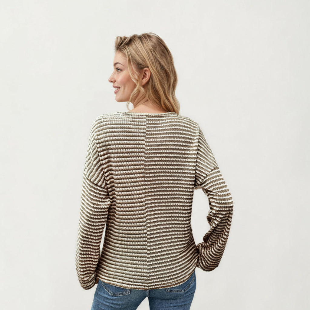 Anna-Kaci Women's Long Sleeve Textured Knit Pullover Top with Split Neck and Relaxed Fit