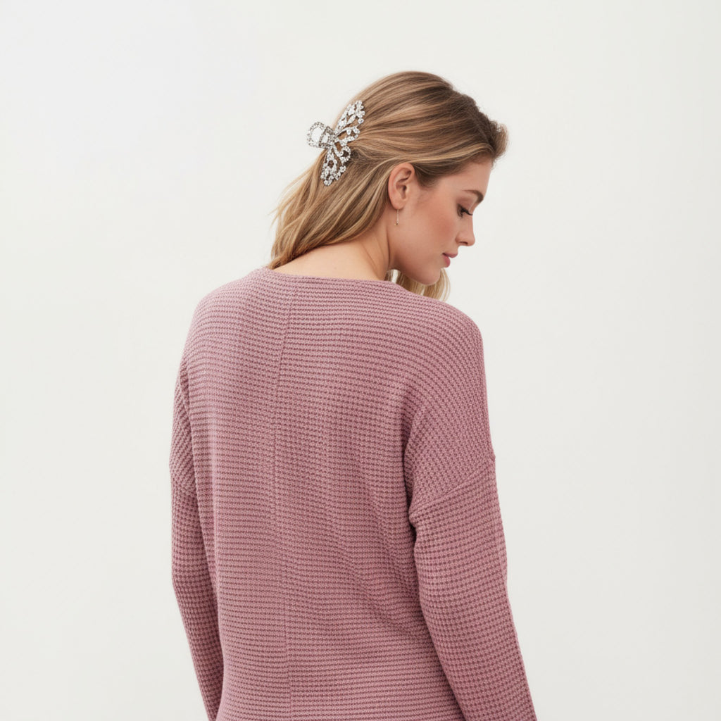 Anna-Kaci Women's Long Sleeve Textured Knit Pullover Top with Split Neck and Relaxed Fit