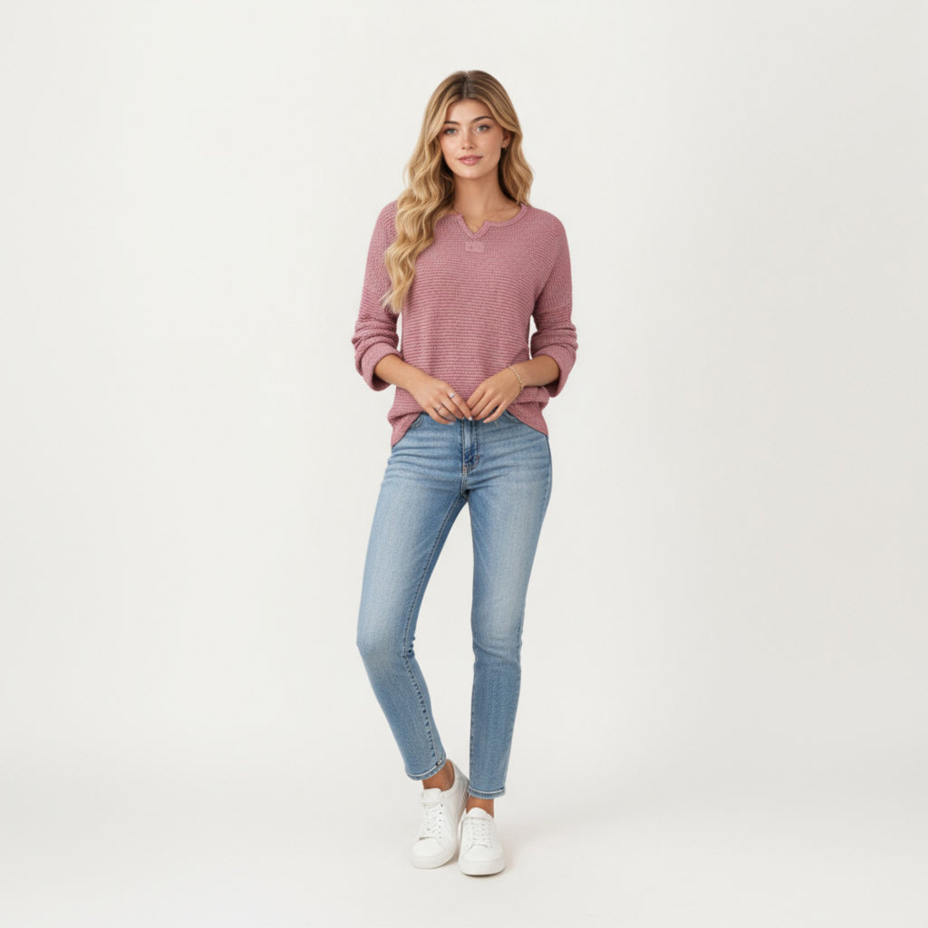 Anna-Kaci Women's Long Sleeve Textured Knit Pullover Top with Split Neck and Relaxed Fit