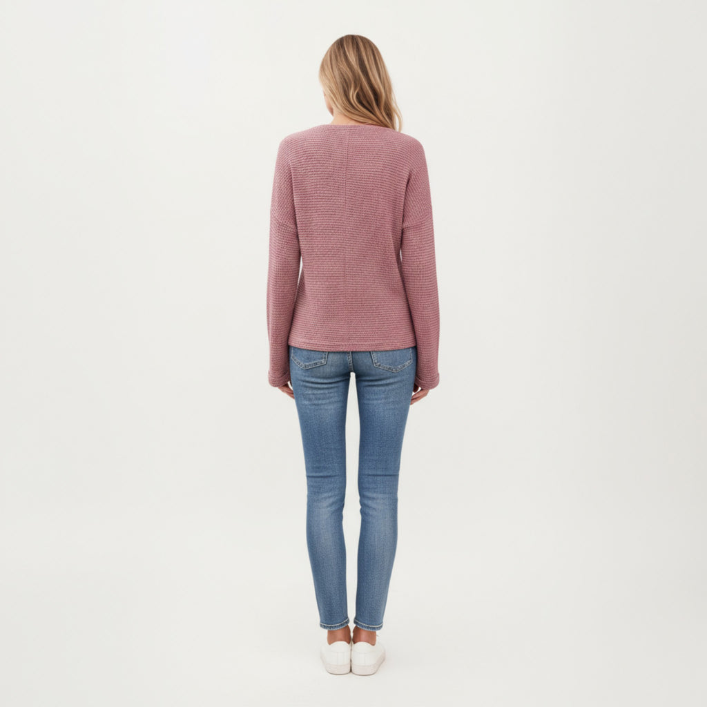 Anna-Kaci Women's Long Sleeve Textured Knit Pullover Top with Split Neck and Relaxed Fit