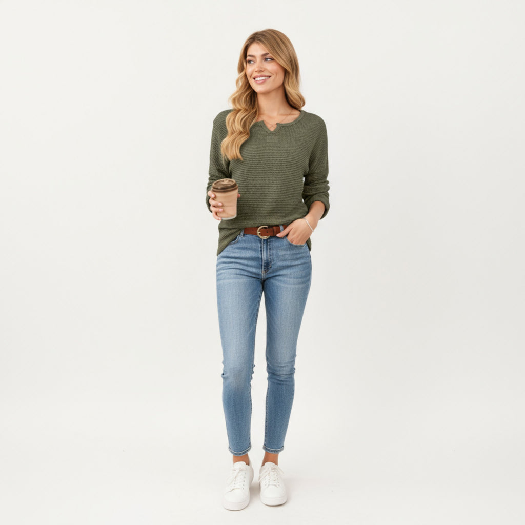 Anna-Kaci Women's Long Sleeve Textured Knit Pullover Top with Split Neck and Relaxed Fit