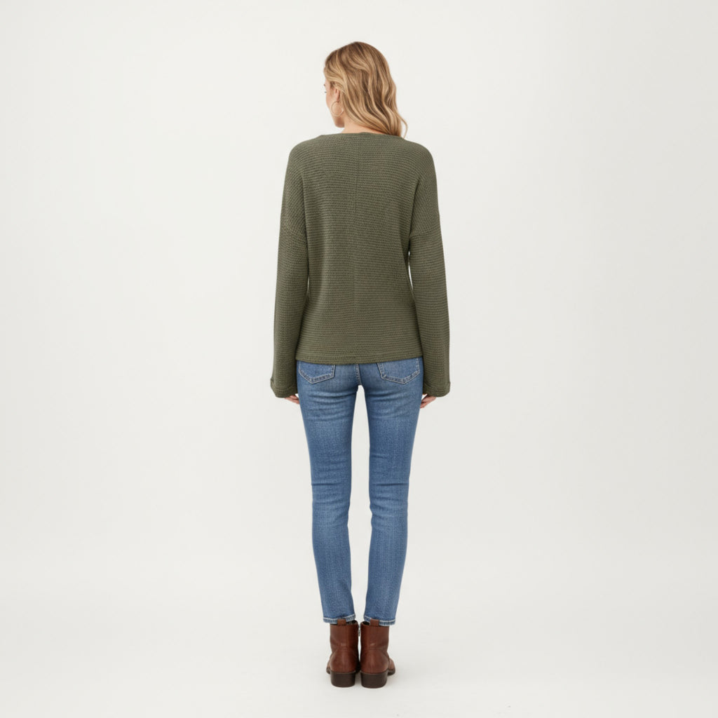 Anna-Kaci Women's Long Sleeve Textured Knit Pullover Top with Split Neck and Relaxed Fit
