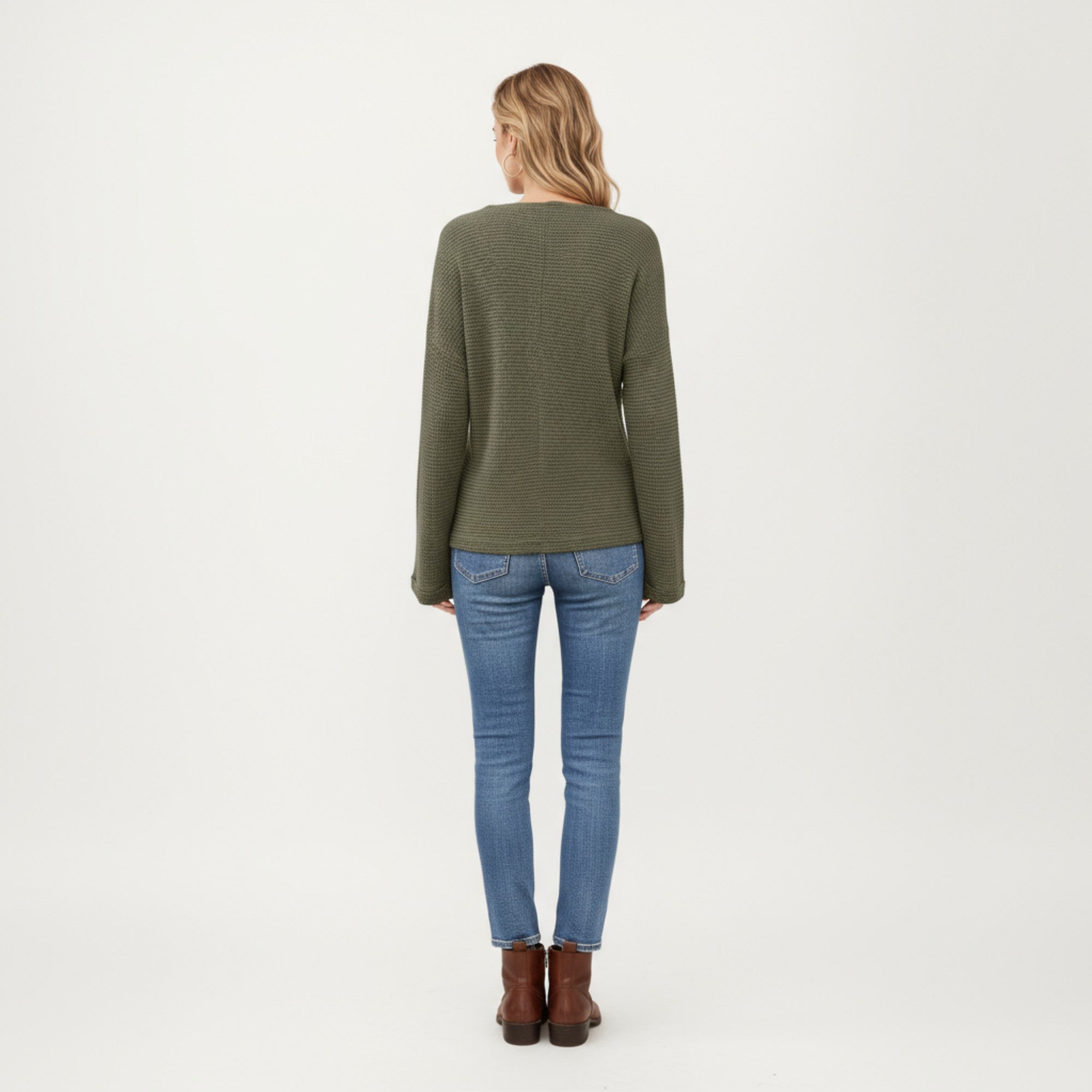 Anna-Kaci Women's Long Sleeve Textured Knit Pullover Top with Split Neck and Relaxed Fit