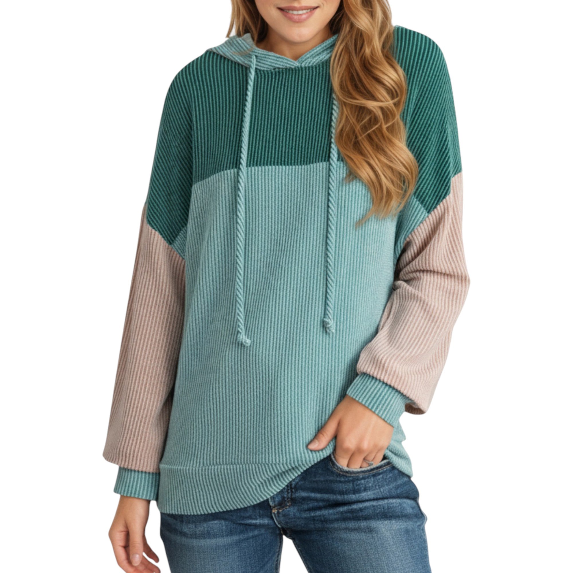 Anna-Kaci Women's Long Sleeve Color Block Knit Hoodie with Drawstring and Relaxed Fit