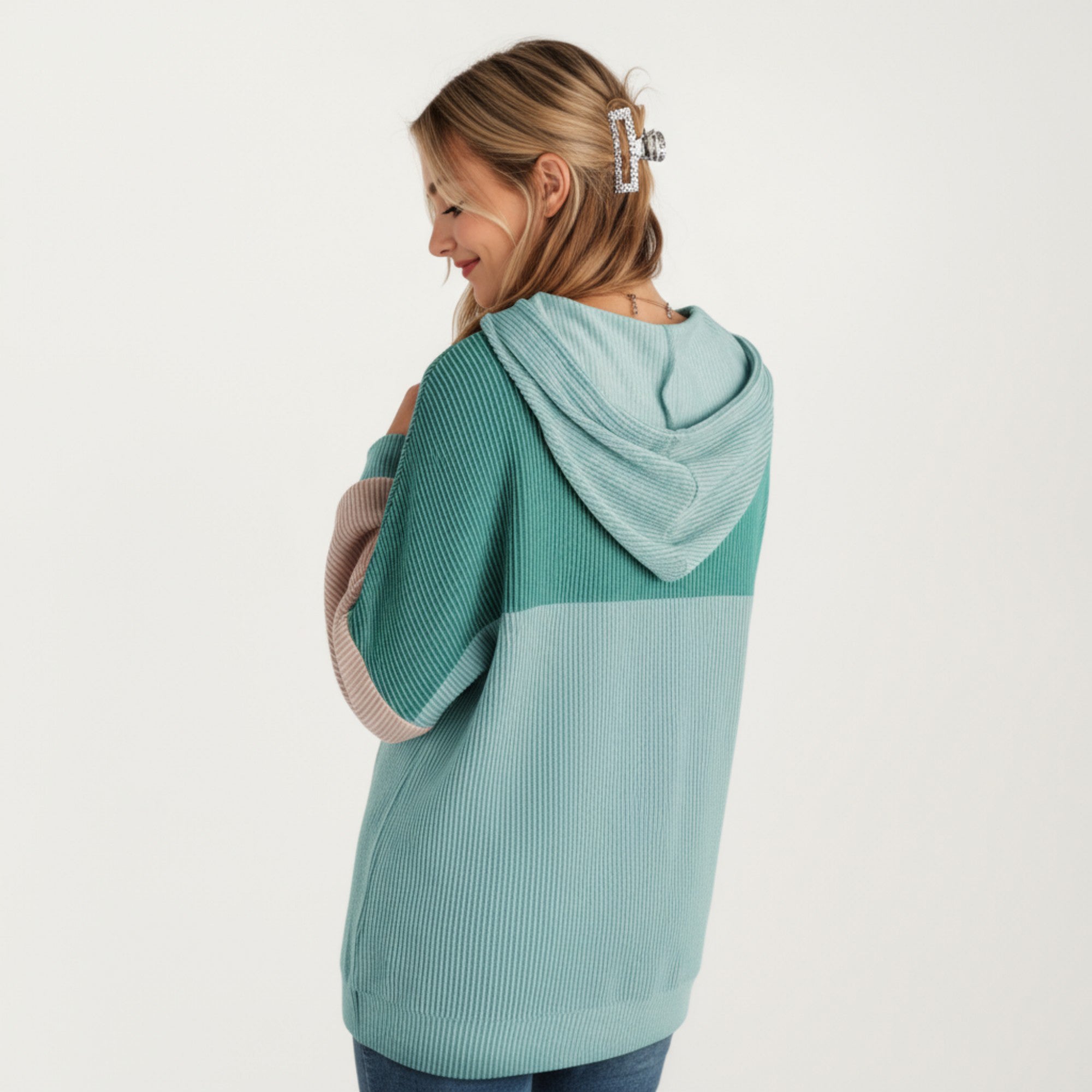 Anna-Kaci Women's Long Sleeve Color Block Knit Hoodie with Drawstring and Relaxed Fit