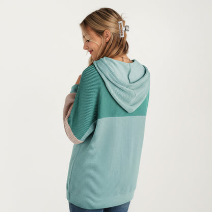 Anna-Kaci Women's Long Sleeve Color Block Knit Hoodie with Drawstring and Relaxed Fit