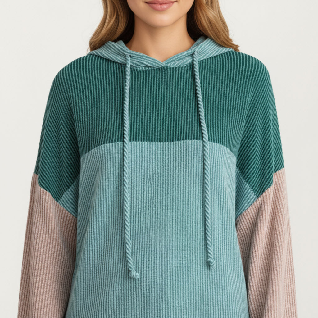 Anna-Kaci Women's Long Sleeve Color Block Knit Hoodie with Drawstring and Relaxed Fit