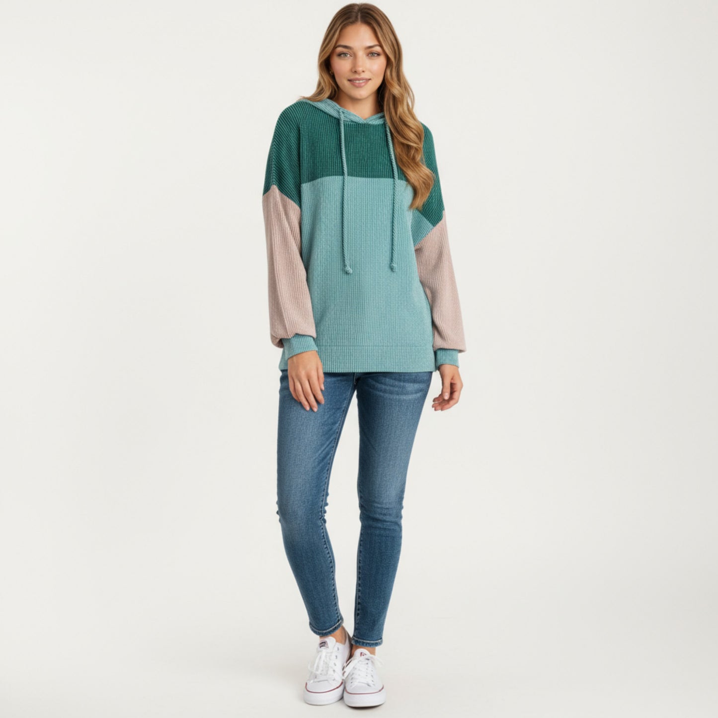 Anna-Kaci Women's Long Sleeve Color Block Knit Hoodie with Drawstring and Relaxed Fit