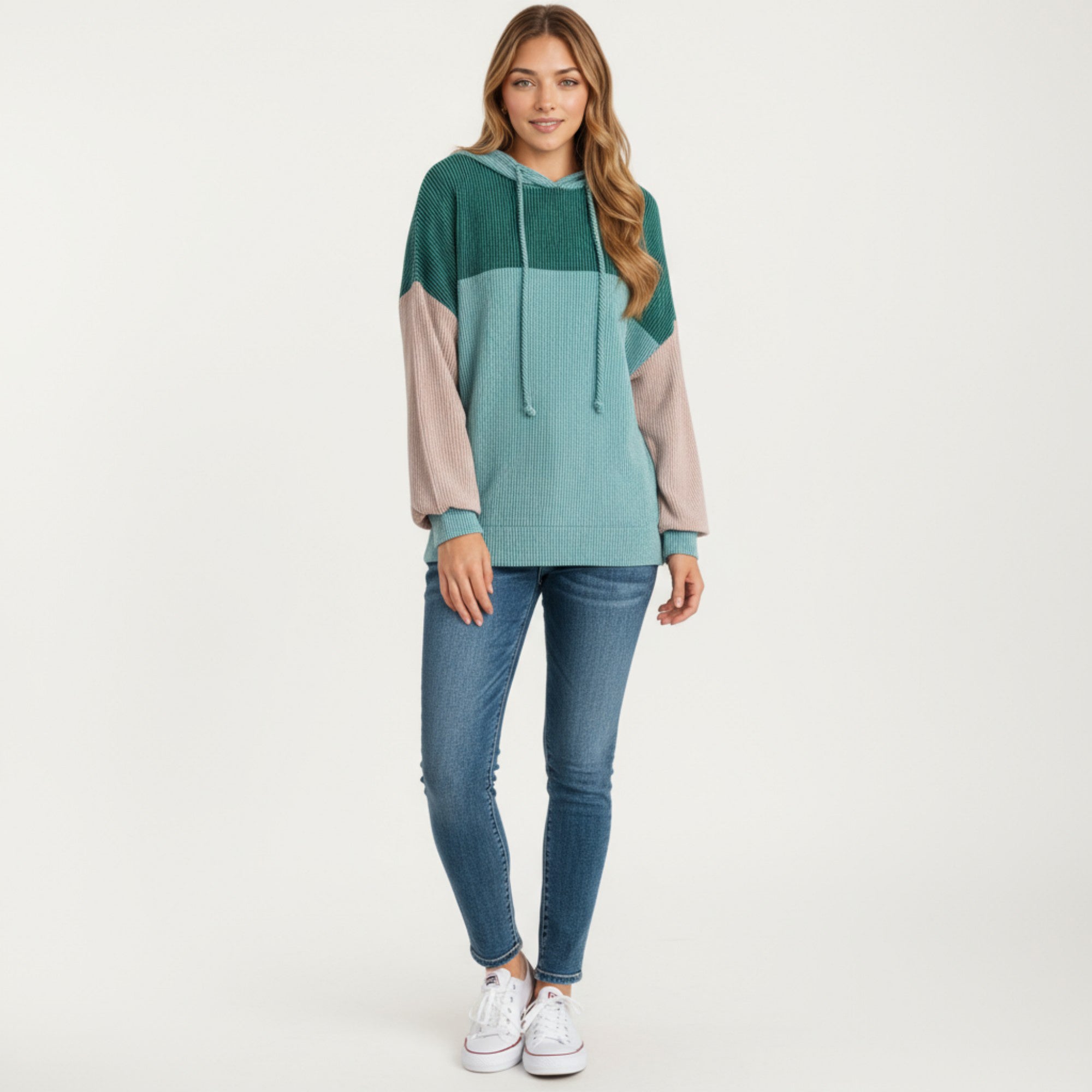 Anna-Kaci Women's Long Sleeve Color Block Knit Hoodie with Drawstring and Relaxed Fit