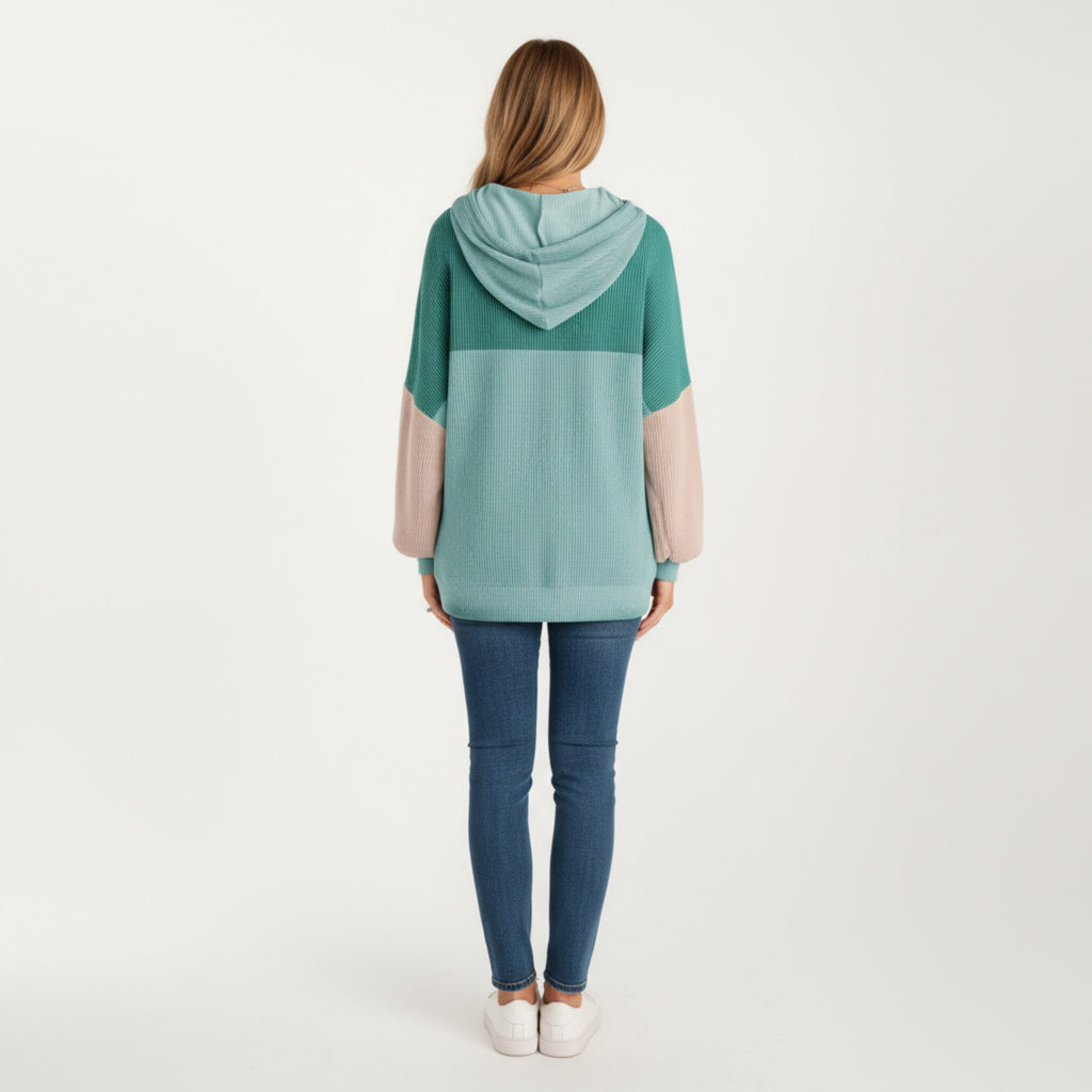 Anna-Kaci Women's Long Sleeve Color Block Knit Hoodie with Drawstring and Relaxed Fit