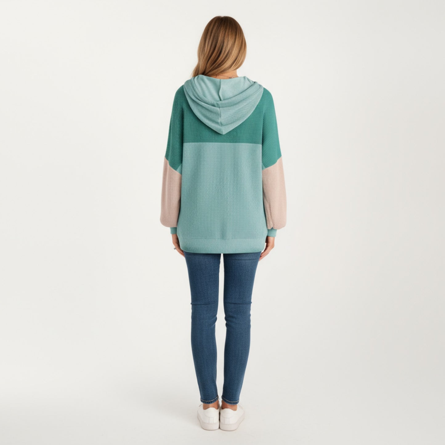 Anna-Kaci Women's Long Sleeve Color Block Knit Hoodie with Drawstring and Relaxed Fit