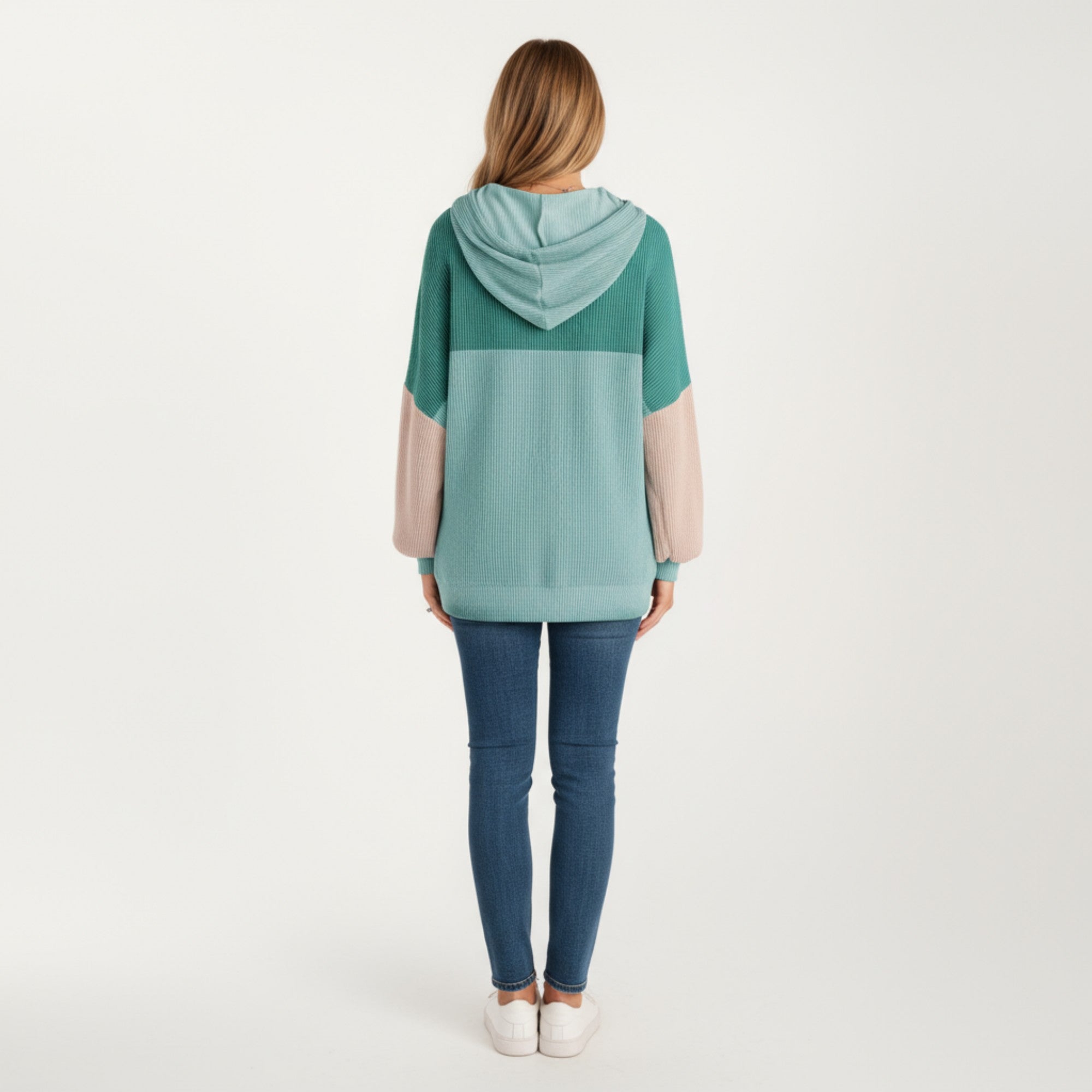 Anna-Kaci Women's Long Sleeve Color Block Knit Hoodie with Drawstring and Relaxed Fit