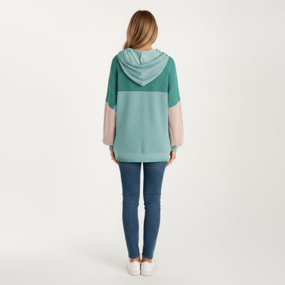 Anna-Kaci Women's Long Sleeve Color Block Knit Hoodie with Drawstring and Relaxed Fit