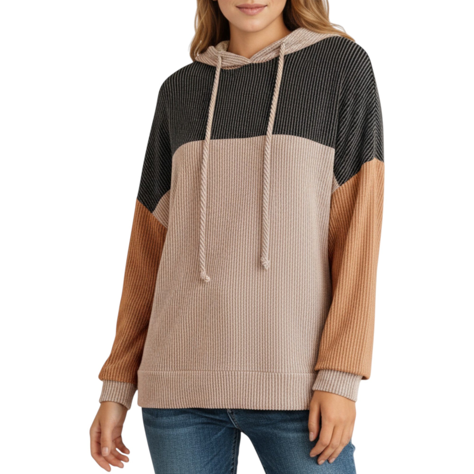 Anna-Kaci Women's Long Sleeve Color Block Knit Hoodie with Drawstring and Relaxed Fit