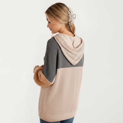 Anna-Kaci Women's Long Sleeve Color Block Knit Hoodie with Drawstring and Relaxed Fit