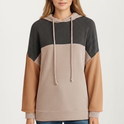 Anna-Kaci Women's Long Sleeve Color Block Knit Hoodie with Drawstring and Relaxed Fit