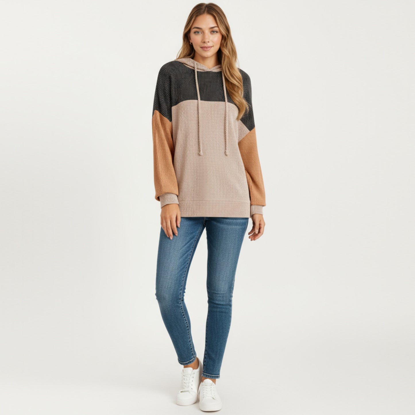 Anna-Kaci Women's Long Sleeve Color Block Knit Hoodie with Drawstring and Relaxed Fit