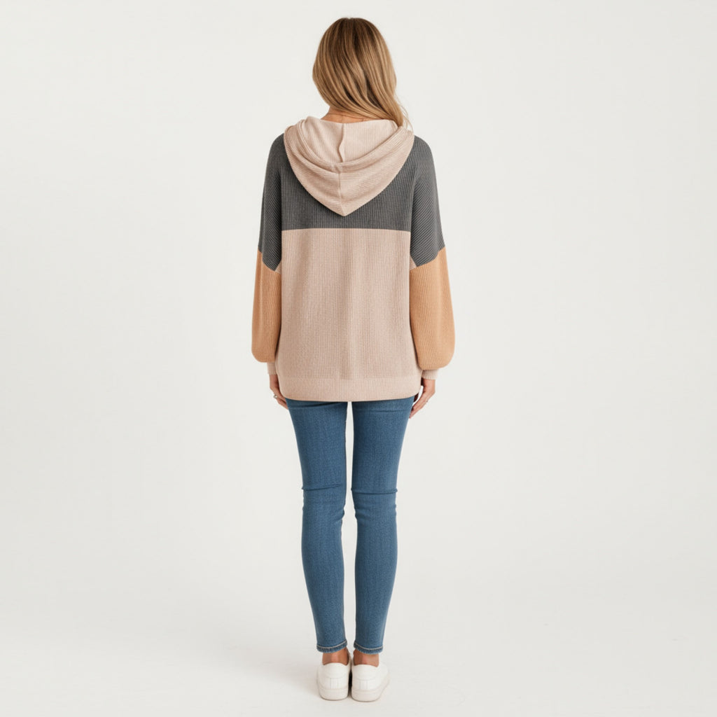 Anna-Kaci Women's Long Sleeve Color Block Knit Hoodie with Drawstring and Relaxed Fit