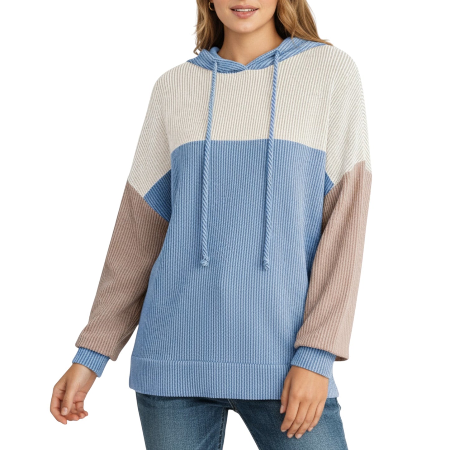 Anna-Kaci Women's Long Sleeve Color Block Knit Hoodie with Drawstring and Relaxed Fit